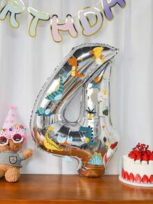 3pcs 32-Inch Silver Number Balloon Set, Large 0-9 Digit Foil Balloons, Forest Dinosaur Stickers, Suitable For Birthday Party, Animal Party, Home Party Decoration - Silver - View 5