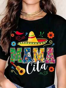 ropa de mujer Camiseta de mujer con diseño estampado de fiesta mexicana, informal, de cuello redondo y manga corta, perfecta como regalo de cumpleaños, adecuada para usar en todas las estaciones, para el uso diario al aire libre, camisas de mujer - Negro - Ver 6