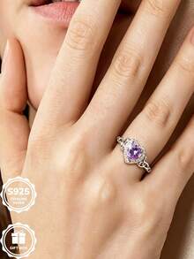 1pc 925 Sterling Silver Celtic Knot Inlaid Purple Synthetic Zirconia Heart-Shaped Ring, Daily Commute Gift Choice, Comes With Gift Box - Silver - View 4