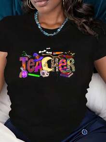 ropa de mujer Camiseta de mujer con estampado gráfico colorido de maestra, con motivos escolares y temática de Halloween, perfecta para el Día del Maestro o para usar en el aula, camisas de mujer - Negro - Ver 5