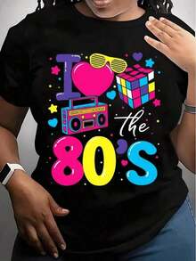 camiseta para mujeres con I ❤️     Impresión retro de los 80 con diseño de boombox y gafas de sol – Perfecto para fiestas temáticas de los 80, ropa casual y atuendos nostálgicos, 100% algodón suave - Negro - Ver 1