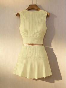 Set de 2 suéteres de punto acanalado sin mangas de cuello redondo de unicolor, versátil - Amarillo - Ver 3
