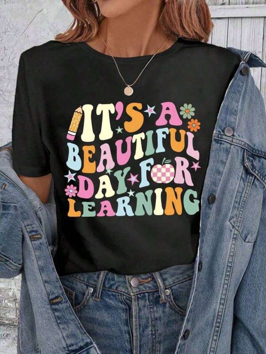 Nueva Camiseta Casual de Verano para Mujer, Cuello Redondo, Ajustada, Estilo Minimalista, Estampado "Es un Hermoso Día", Camiseta Holgada de Manga Corta para Mujer, Ideal para Verano, Mezcla de Algodón, Adecuada para Uso Diario, Vacaciones, Fiestas - Estilo Urbano Vintage Unisex, Camiseta Holgada de Algodón de Manga Corta con Cuello Redondo. - Negro - Ver 1