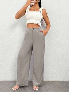 Pantalones anchos casuales y sueltos con bolsillos para mujer - Gris Claro - Ver 6