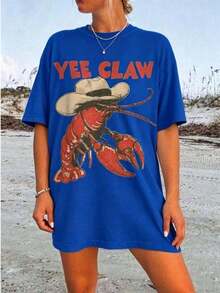 Tops2026 Camiseta Vaquera de Langosta, Camiseta Divertida de Langosta Yee Claw, Camiseta de Playa Estilo Western, Camiseta de Verano para Viaje a la  de Amalfi Tomato Girl, Camiseta Casual de Manga Corta de Talla Grande para Mujer, Camiseta Holgada con Estampados de Moda 100% Algodón para Todas las Temporadas, Camiseta para Mujer, Regalo para Amigas y Familiares, Fiestas, Vacaciones, Acción de Gracias, Halloween, Día de San Valentín, Uso Diario, Camisetas Gráficas Unisex para Mujer - Azul - Ver 7