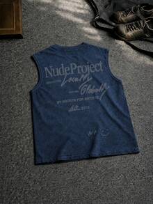 INFLATION Distressed Print Washed Cotton Sleeveless Tank Top, Brand Vest For Men In Summer - Navy Blue - View 3