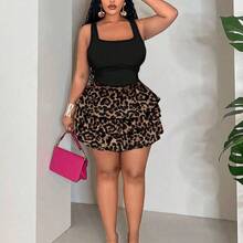 Slayr Vintage Leopard Print Plus Size 2 Pieces Set, Suitable For Vacation, Music Festival - Multicolor - Ver 9
