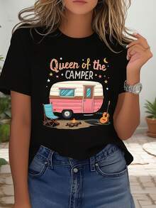 Camiseta Casual Talla Grande, Camiseta de Mujer Talla Grande con Estampado Gráfico "Queen of the CAMPER", Top Casual de Manga Corta y Cuello Redondo para Verano y Primavera, Ropa de Mujer 100% Algodón, Duradera - Negro - Ver 4