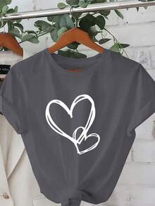 Plus Size - Plus Size - White Day, Exquisite Heart Design, Elegant Short Sleeve T-Shirt With Round Neck Print, Plus Size Women's Clothing, Women's Apparel - 深灰色 - 查看 6