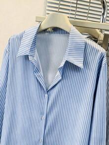 Blusa de mujer con cuello polo, estampado de corazones y rayas - Camisa casual de manga larga con botones, adecuada para uso diario en primavera, verano y otoño - Azul sin corazón - Ver 4