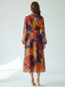 Vestido de manga larga con acento plisado en la cintura, de estampado de teñido anudado, elegante y versátil para uso diario, en azul y verde - Multicolor 3 - Ver 3