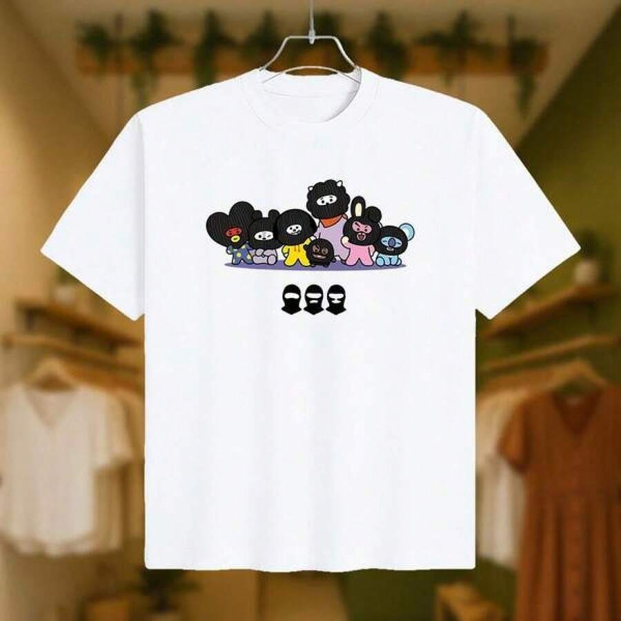 Camiseta de Mujer con Estampado de Dibujos Animados Enmascarados Universe Friends B T21, Manga Corta, Estilo Urbano, Elegante y Casual, para Todas las Temporadas, Corte Holgado, Estilo Nuevo Primavera Verano 2026, Ideal para Fans del Ejército, Regalo Perfecto - Blanco - Ver 1