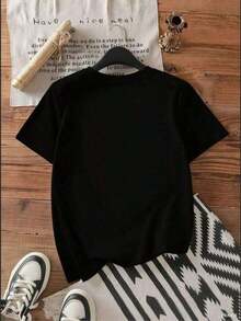 1 Piece Short Sleeve Knit T-Shirt With Round Neck, Modern Abstract Art Design In Blue Peak Relief And White, Loose Fit, 100% Cotton, 180g. - Black - View 5