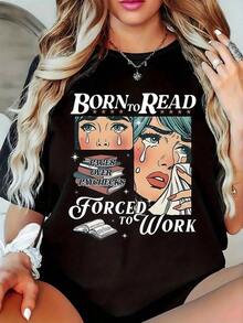Women's Vintage Style Graphic T-Shirt "Born To Read" - Plus Size Short Sleeve Casual T-Shirt With "Forced To Work" Design, Soft Polyester Fabric, Crew Neck, Perfect Gift For Book Lovers, Casual Wear T-Shirt | Original Design T-Shirt | Soft Knit T-Shirt, Ladies' T-Shirt - 黑色 - 查看 6
