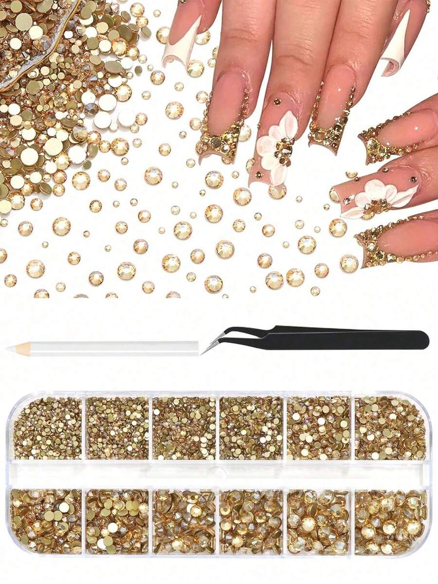 2280颗香槟金扁平水钻,适用于工艺品制作,6种尺寸金色水晶水钻,适用于美甲设计、美甲饰品、美甲宝石、DIY面部化妆美甲用品、美甲 - 香檳色 - 查看 1
