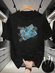 Camiseta Casual para Hombre con Estampado - Cuello Redondo Casual, Manga Corta, Esencial para el Verano, Estampado con Estilo, Ropa Cómoda | Estilo Casual Moderno | Tejido Duradero de Malla Fresca y Transpirable - Negro - Ver 2