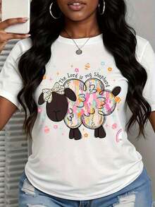 1 Piece Cute Sheep Print T-Shirt, Floral Design "The Lord Is My Shepherd", Spring Easter Clothes, Casual T-Shirt For Women, Christian Faith Statement T-Shirt, 180g 100% Cotton - 黑色 - 查看 9