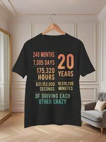 Funny T-Shirt For 20 Years Of Marriage, Graphic Print T-Shirt For 20th Wedding Anniversary, Women's Top - 黑色 - 查看 6