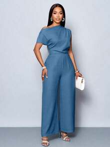 Mono de pierna ancha con hombros descubiertos, cuello asimétrico, pliegues en los hombros y manga corta, de uso casual, elegante y apropiado para salidas diurnas, en color albaricoque, para mujer de uso en las cuatro estaciones - Azul - Ver 6