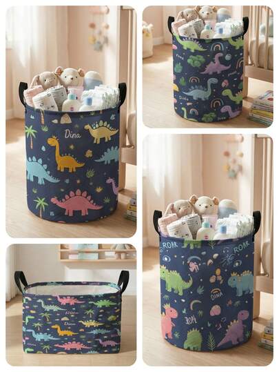 1 pieza Cesta de almacenamiento redonda plegable de gran capacidad con estampado de dinosaurio de dibujos animados, cesto de ropa de tela resistente, caja de almacenamiento multiusos para guardería, pañales, ropa, artículos para bebés