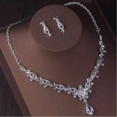 High-End, Elegant Bridal Jewelry, Women's Necklace And Earring Set, Floral Zirconia Rhinestone Wedding Dress Set, Stage Performance Gown Accessories Necklace