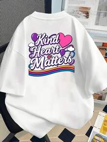 Women's T-Shirt With Kindness And Love Slogans - Front And Back Print, Short Sleeve With Heart Design, Casual Round Neck Blouse For Spring And Summer, Machine Washable Love And Kindness Themed T-Shirt For All Seasons Outfits, Y2k T-Shirt - 白色 - 查看 2