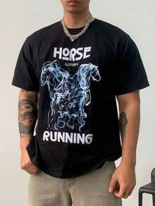 Camiseta negra de verano con estampado abstracto de animales y letras para hombre, estilo vintage urbano, unisex, holgada, de algodón, manga corta, cuello redondo. - Negro - Ver 7