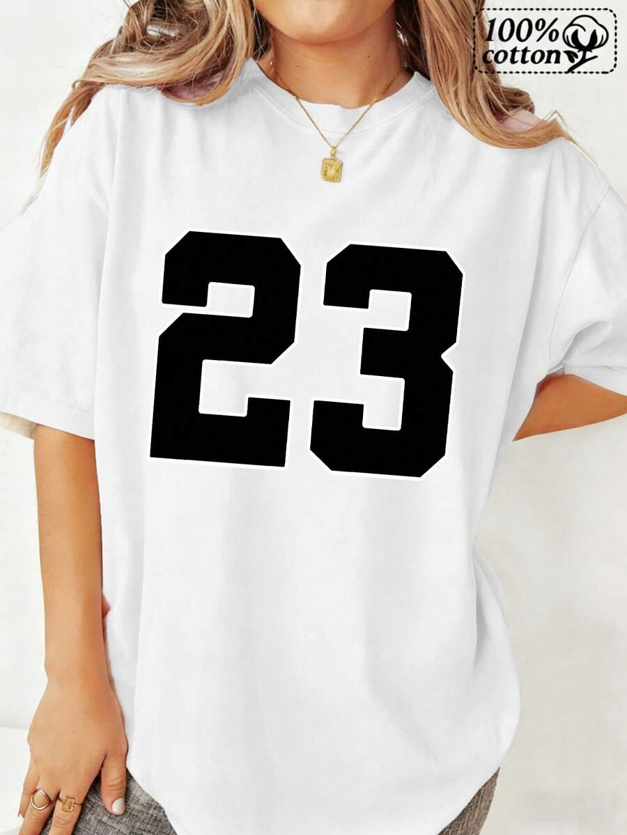 Women's Fashion White T-Shirt With Front Print Number 23, Comfortable Style, Casual Wear For Everyday Wear And Cashier Clothing Look - 白色 - 查看 1