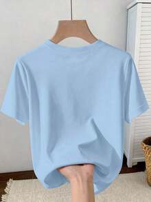 Camiseta de manga corta de mujer de unicolor, cuello redondo, casual, versátil y de uso diario - Celeste - Ver 2