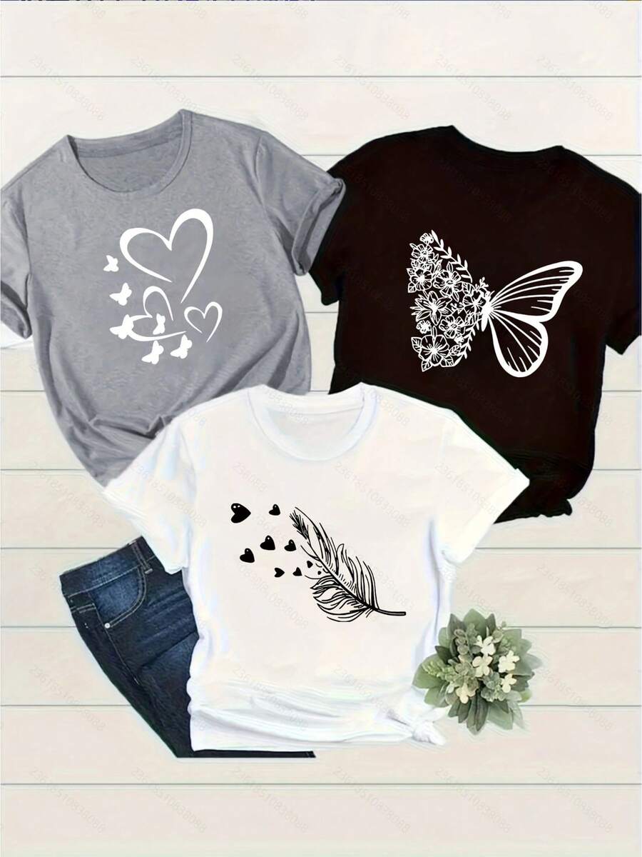 Conjunto de camisetas casuales de cuello redondo para mujer, diseño de patrón sencillo. - Negro - Ver 1