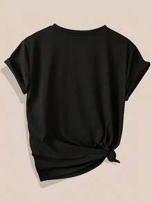 Camiseta de mujer con diseño combinado de loto dorado y rosa, estilo vintage, casual, deportiva, de manga corta, cuello redondo, estampado floral para primavera, verano y otoño. - Negro - Ver 3