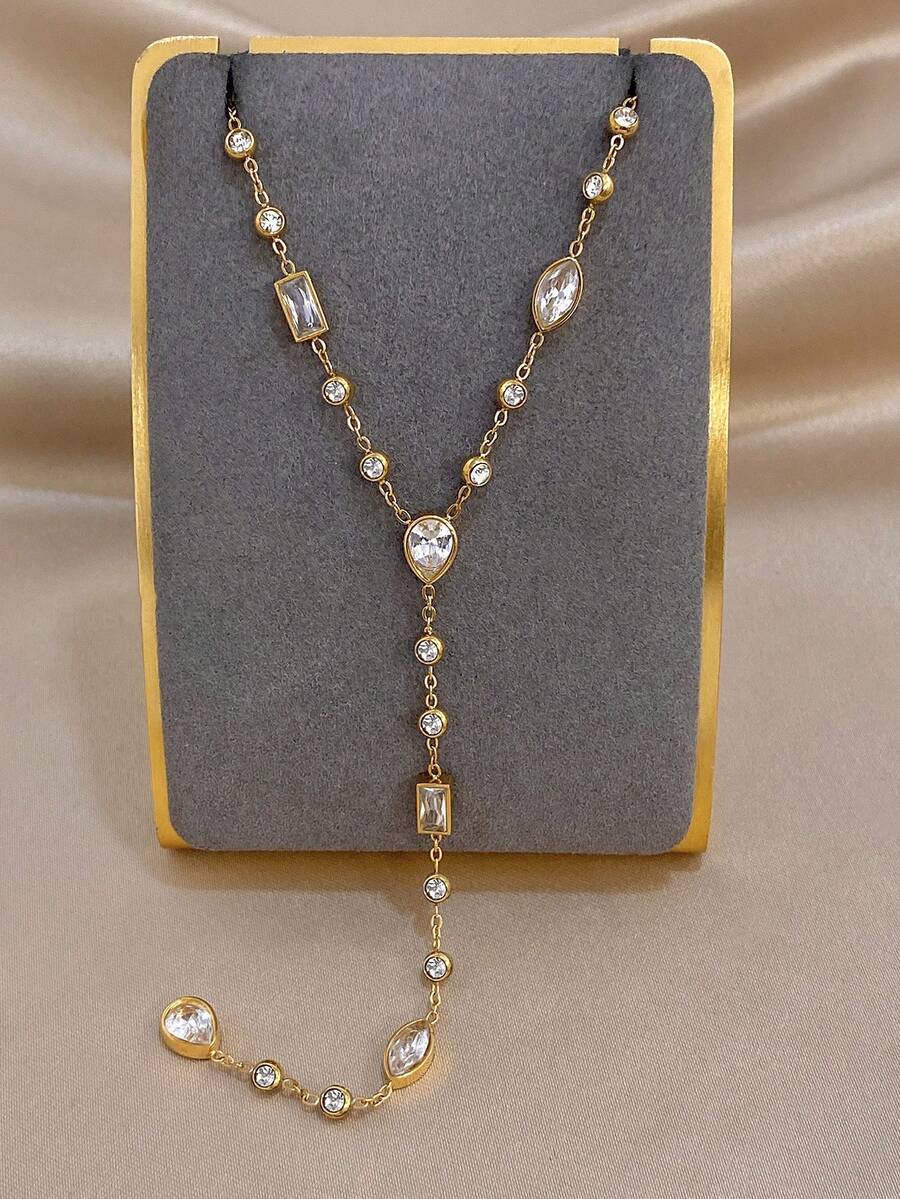 1Pc Elegant Luxury Golden Stainless Steel Y-Shaped Chain Heart Zirconia Necklace For Women, Daily/Summer Boho/Party/Wedding,Mom Gift,Valentine Birthday - Multicolor - View 1