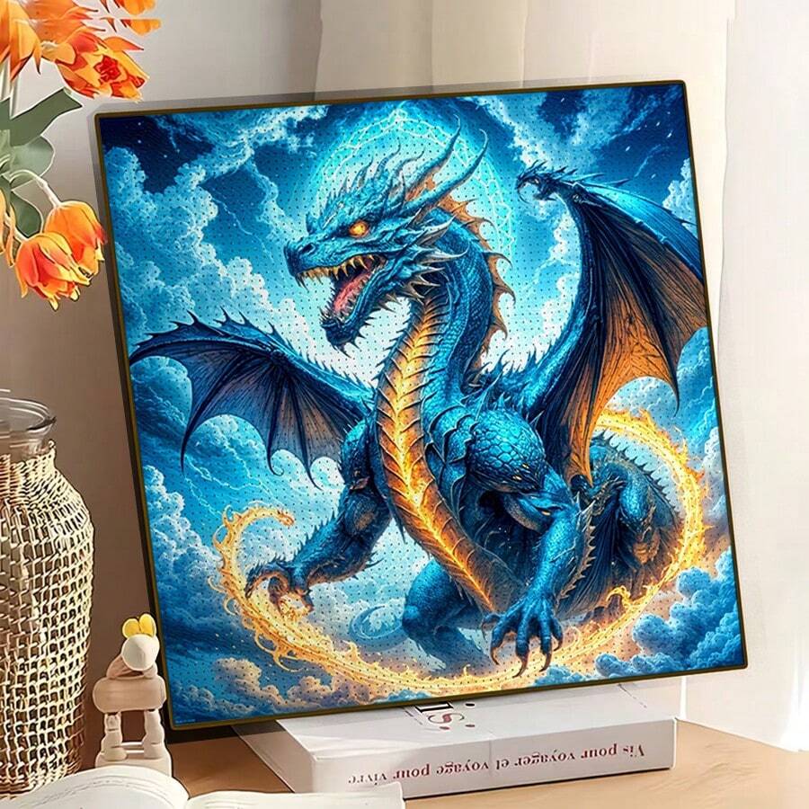 1幅全新5D圆形亚克力钻石画马赛克工艺品,以雄伟的蓝色火焰龙为主题,手工镶嵌钻石,适合家居墙面装饰,是送给女友、父母、朋友的独特节日礼物,兼具艺术性和情感价值,增添奇幻氛围,不含画框 - 圓鑽 - 查看 1
