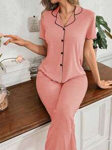 Mono de verano de punto ligero y suelto con volantes, de tela roja, de estilo casual y holgado para mujer - Rosa - Ver 3