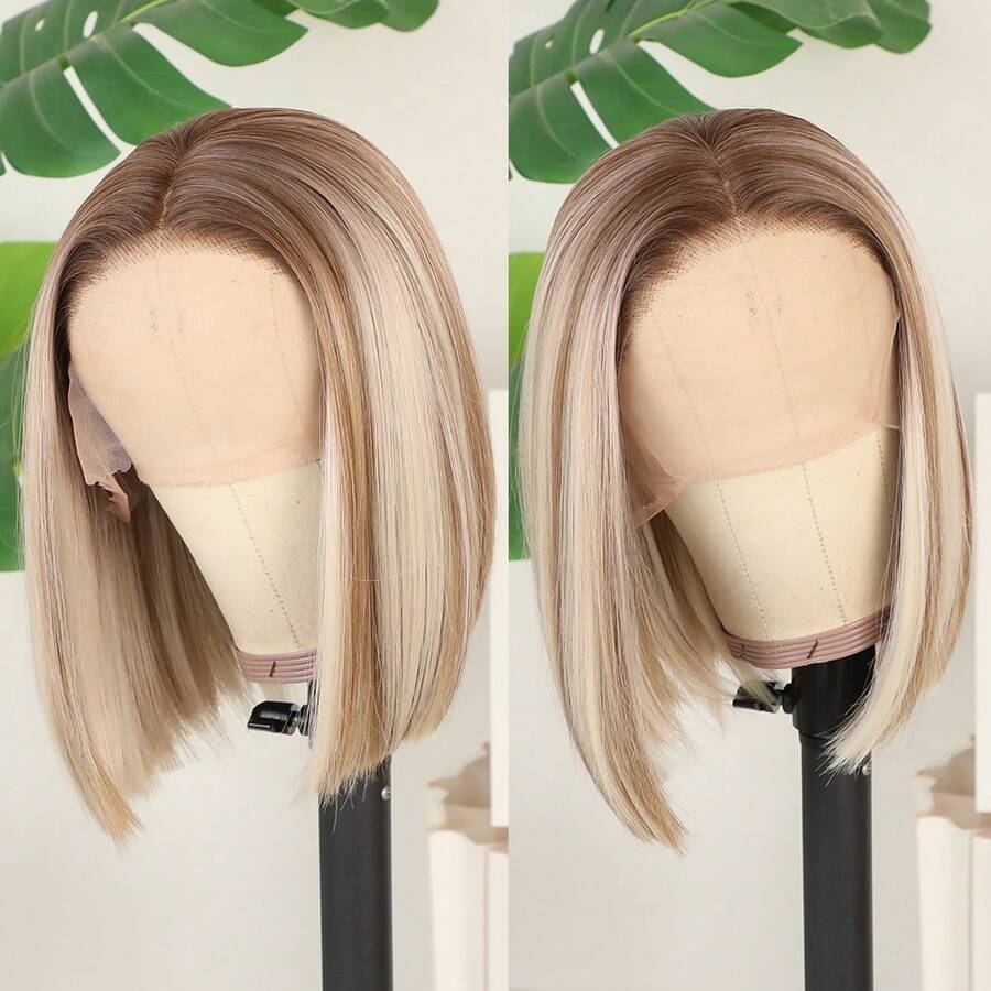 13x4 Ash Blonde Wigs Blonde Lace Front Wigs HD Lace Frontal Wigs Brown Blonde Lace Front Wig Pre Plucked Glueless Blonde Bob Wig Breathable Cap Easy Install Wig Free Part Heat Resistant Fiber Wig For Women Girls Halloween Party Vacation Daily Used 16 Inch - 挑染金色 - 查看 1