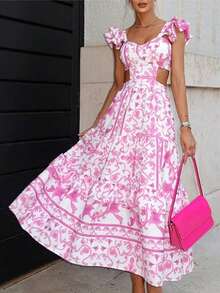 Vestido primavera estampado con mangas alas y corte en cintura elegante estilo europeo para uso laboral casual - Rojo - Ver 6