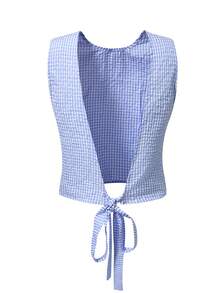 Áo croptop không tay cổ tròn kẻ caro xanh trắng dành cho nữ, thiết kế buộc dây phía sau, áo tank top mùa hè thoải mái, mặc hàng ngày, quà tặng cho bạn gái/vợ, quà kỷ niệm. - Màu xanh lam - Xem 5