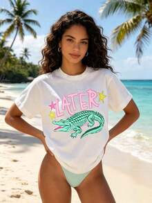 Esta camiseta casual de manga corta y cuello redondo presenta un popular estampado de cocodrilo, un tatuaje de cocodrilo y un eslogan, lo que la hace perfecta para la primavera y el verano. Camiseta de mujer - Ropa fresca de verano - Blanco - Ver 6