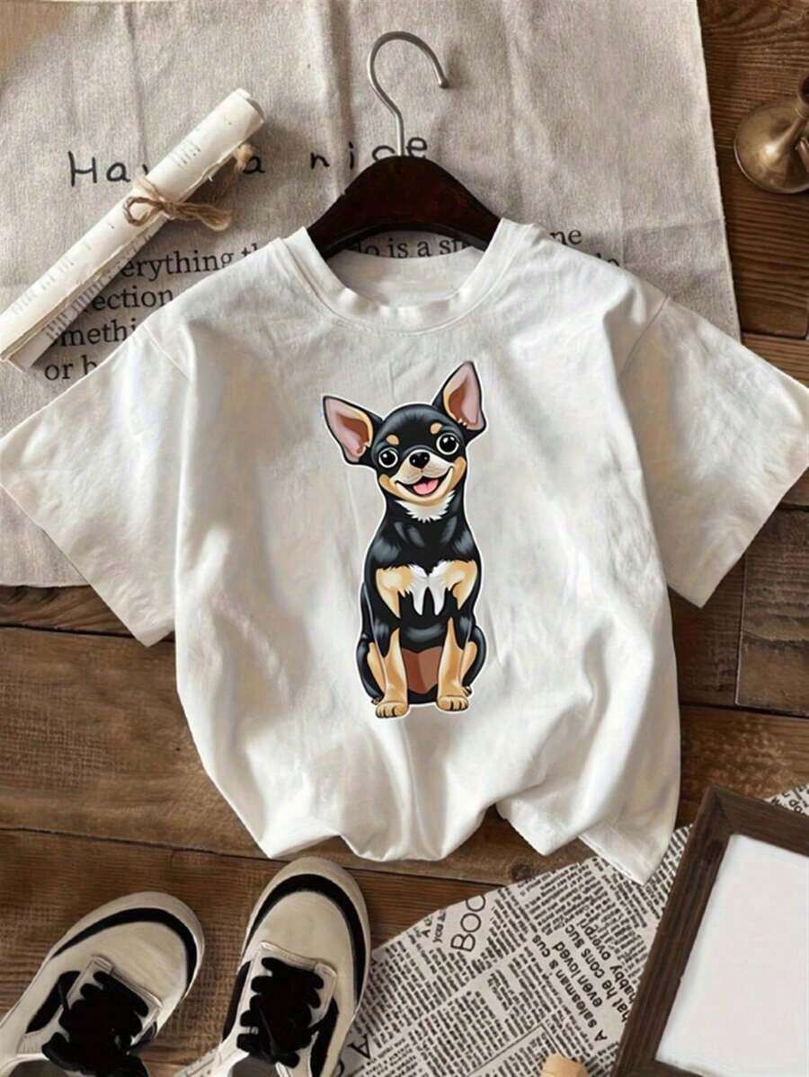 Unisex Soft And Stretchy T-Shirt With Cute Chihuahua Print - Lightweight And Casual For Summer, Loose Crew Neck For Men And Women, Adorable Puppy T-Shirt Gift - 黑色 - 查看 1