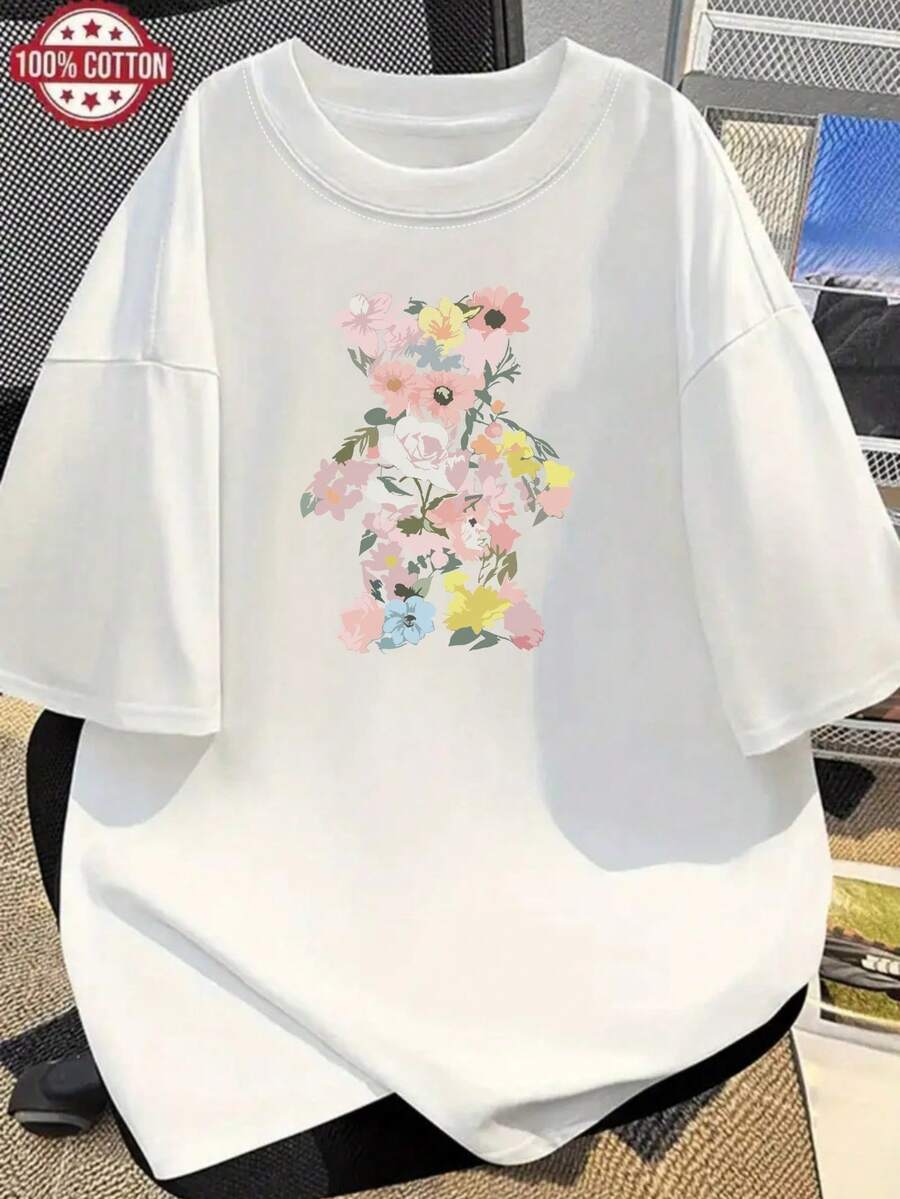 Women's T-Shirt With Fresh Floral Print, Short Sleeve, 100% Pure Cotton, Soft And Pleasant To The Touch, Breathable, Classic And Comfortable Round Neck, Machine Washable, Bear Print Composed Of Flowers, Fresh And Vibrant Style, Suitable For Leisure At Home / Weekend Picnics / Short Trips And Other Occasions. - 白色 - 查看 1