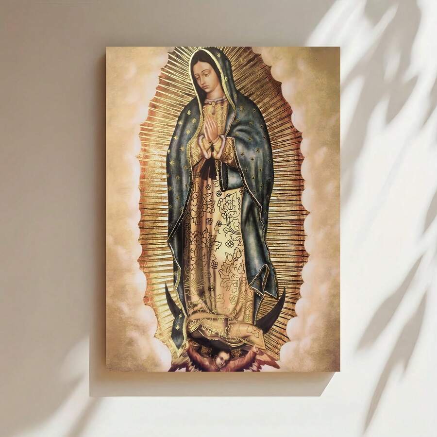 Enmarcado pieza de en lienzo de Nuestra Señora de Guadalupe - Decoración religiosa cristiana para el hogar, colores vibrantes y diseño intrincado, mural plano 2D para decoración de habitaciones, decoración espiritual, obra de arte de colores intensos, decoración basada en la fe, obra de arte detallada, regalos basados en la fe, mural plano 2D - Enmarcado - Ver 1