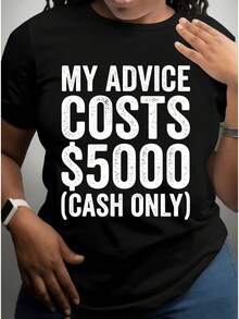 Camiseta Estampada para Mujer con Slogan de Consejos Financieros - Camiseta Casual de Manga Corta y Cuello Redondo, Corte Relajado para Todas las Estaciones, Perfecta para Uso Diario y Vacaciones, Lavable aáquina. - Negro - Ver 1