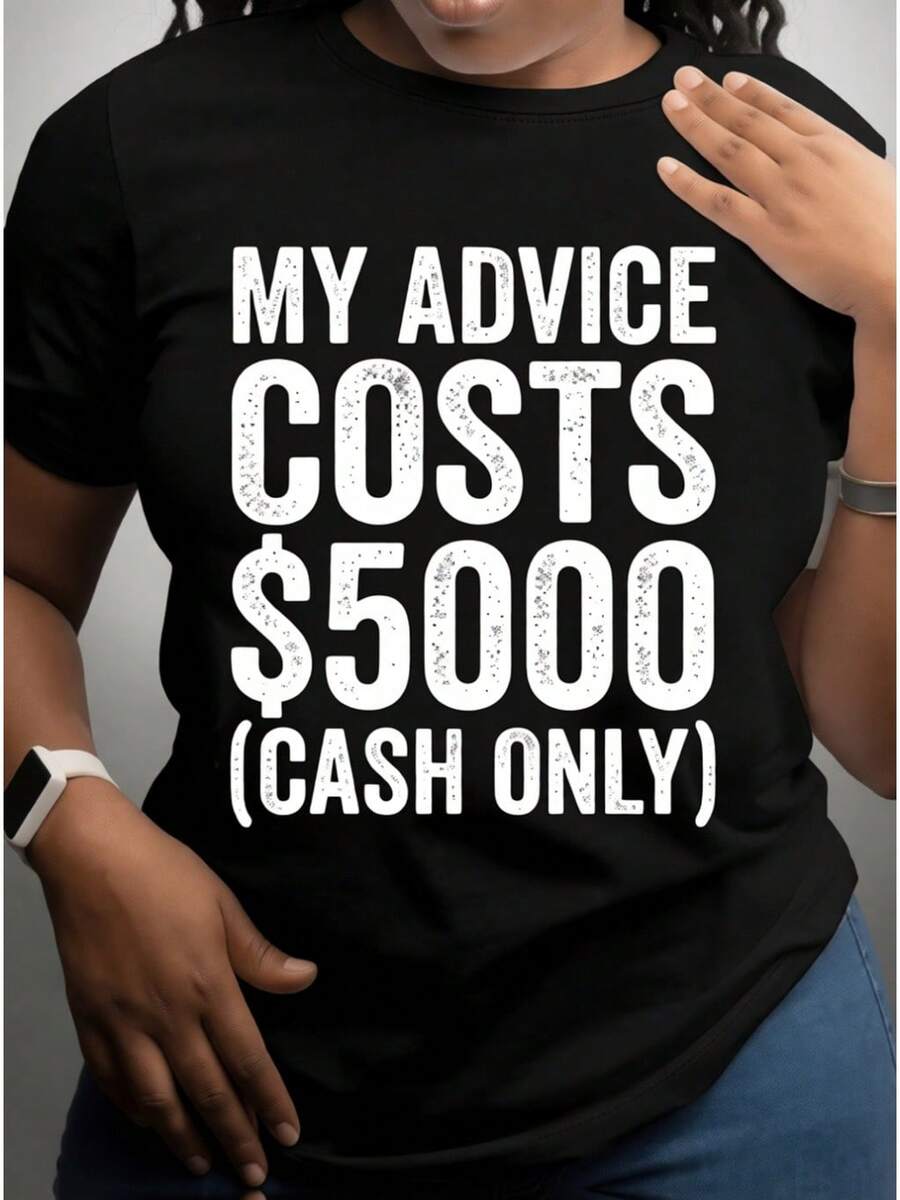Camiseta Estampada para Mujer con Slogan de Consejos Financieros - Camiseta Casual de Manga Corta y Cuello Redondo, Corte Relajado para Todas las Estaciones, Perfecta para Uso Diario y Vacaciones, Lavable aáquina. - Negro - Ver 1