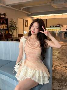 露肩渐变印花上衣，蝴蝶结不对称下摆，休闲、约会、度假装，女士春夏款 - 粉色 - 查看 5