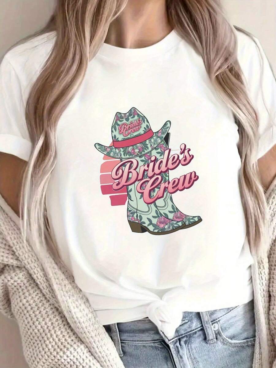 Short Sleeve T-Shirt With Cowboy Boot Print For Bride, Casual Round Neck For Summer And Spring, Women's Clothing - [Putih] - View 1