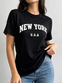 New York Letter Print T-Shirt, Women's Short Sleeve Crew Neck Casual Spring Summer Casual Blouse - 黑色 - 查看 1