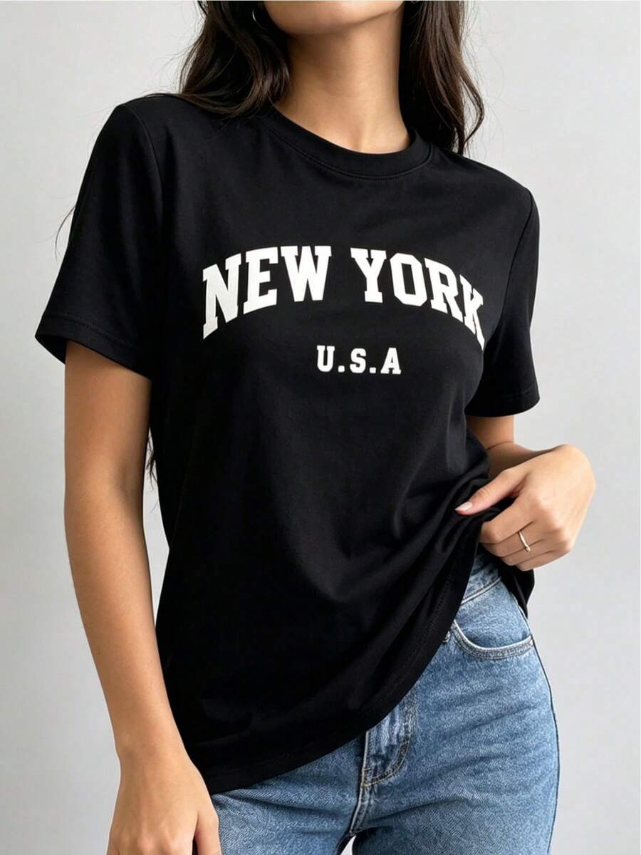 New York Letter Print T-Shirt, Women's Short Sleeve Crew Neck Casual Spring Summer Casual Blouse - 黑色 - 查看 1