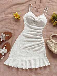 Vestido mini ajustado con cintura ceñida, bajo con volantes y giro asimétrico en el pecho, tejido en rojo, adecuado para vacaciones, citas, té de la tarde, vacaciones, festivales de música, estilo bohemio - Blanco 2 - Ver 3