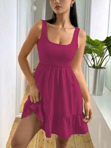 Vestido casual sin mangas de verano para mujer con dobladillo de volantes acanalado y parche empalmado - Rojo violeta - Ver 3