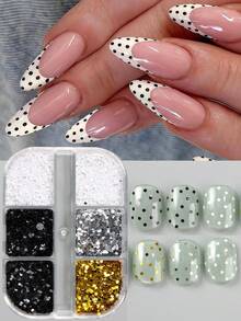 Bộ 2 hộp mini sequin trang trí nail chấm bi đen trắng & hoa nhỏ, kim tuyến nail chấm bi dễ thương phong cách Nhật, cánh hoa siêu mỏng Y2K, charm nail vàng bạc - Nhiều màu - Xem 2